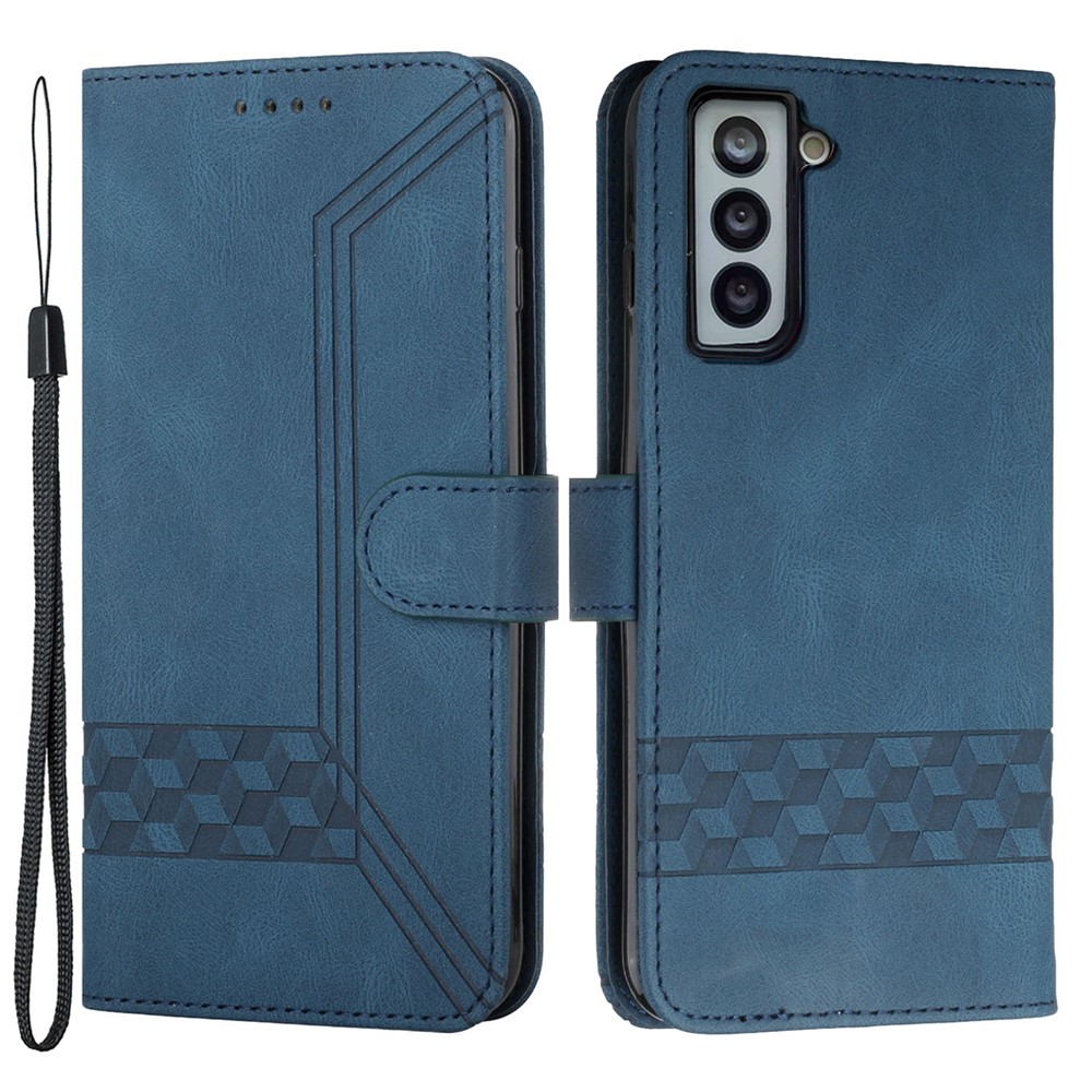 YX0010 Well-protected Rhombus Lines Imprinting Skin-touch Feel Leather Case Cover with Wallet Stand Feature for Samsung Galaxy S22 - Blue-1