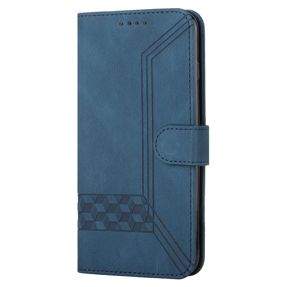 YX0010 Well-protected Rhombus Lines Imprinting Skin-touch Feel Leather Case Cover with Wallet Stand Feature for Samsung Galaxy S22 - Blue-2