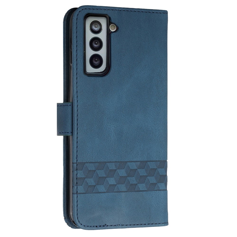 YX0010 Well-protected Rhombus Lines Imprinting Skin-touch Feel Leather Case Cover with Wallet Stand Feature for Samsung Galaxy S22 - Blue-3