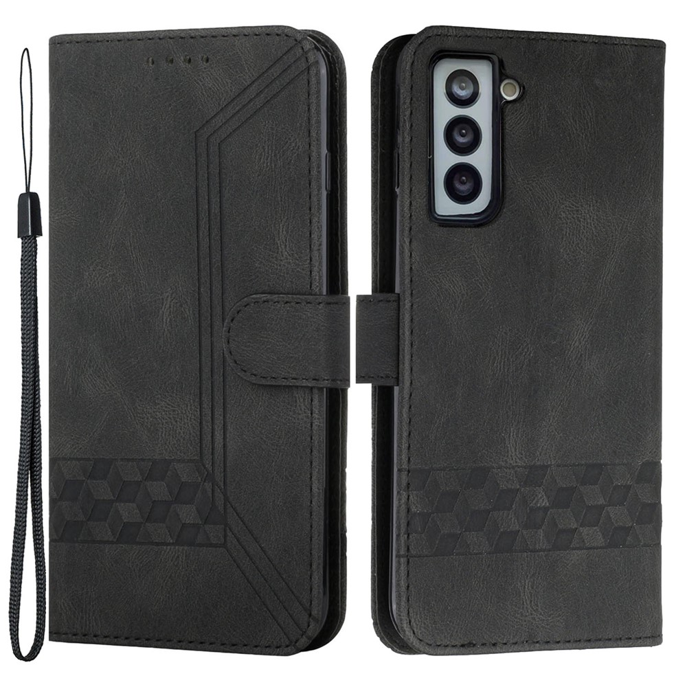 YX0010 Collision-resistant Rhombus Lines Imprinting Skin-touch Feel Leather Case Cover with Wallet Stand Feature for Samsung Galaxy S22 Plus - Black-1
