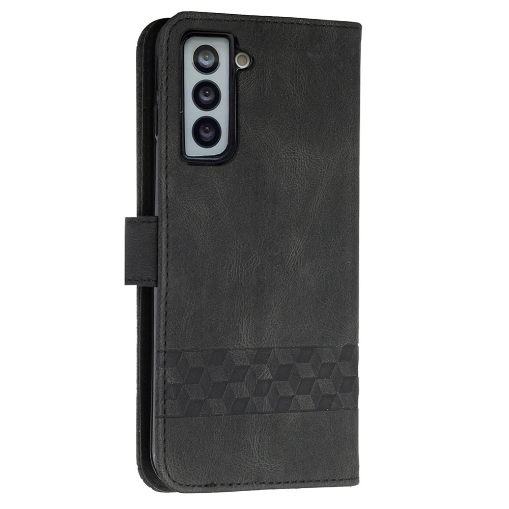 YX0010 Collision-resistant Rhombus Lines Imprinting Skin-touch Feel Leather Case Cover with Wallet Stand Feature for Samsung Galaxy S22 Plus - Black-3