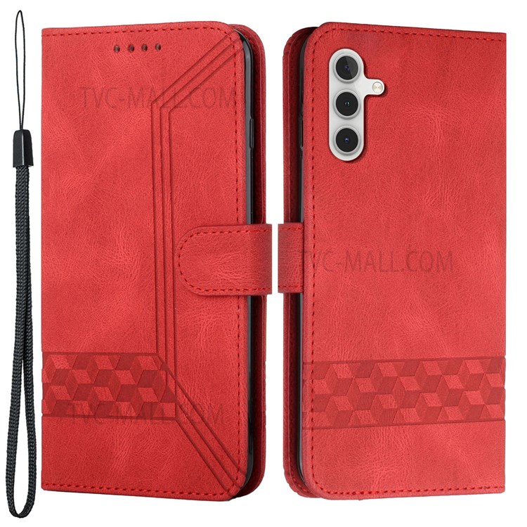 YX 0010 Flip Phone Case for Samsung Galaxy A13 5G Wallet Stand Feature Shockproof Rhombus and Lines Imprinting Skin-touch Feel Leather Phone Cover - Red-1