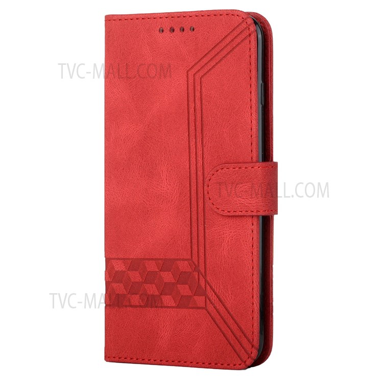 YX 0010 Flip Phone Case for Samsung Galaxy A13 5G Wallet Stand Feature Shockproof Rhombus and Lines Imprinting Skin-touch Feel Leather Phone Cover - Red-2