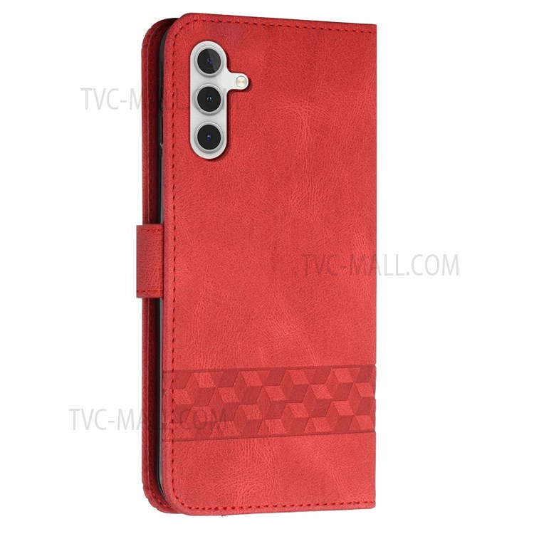 YX 0010 Flip Phone Case for Samsung Galaxy A13 5G Wallet Stand Feature Shockproof Rhombus and Lines Imprinting Skin-touch Feel Leather Phone Cover - Red-3