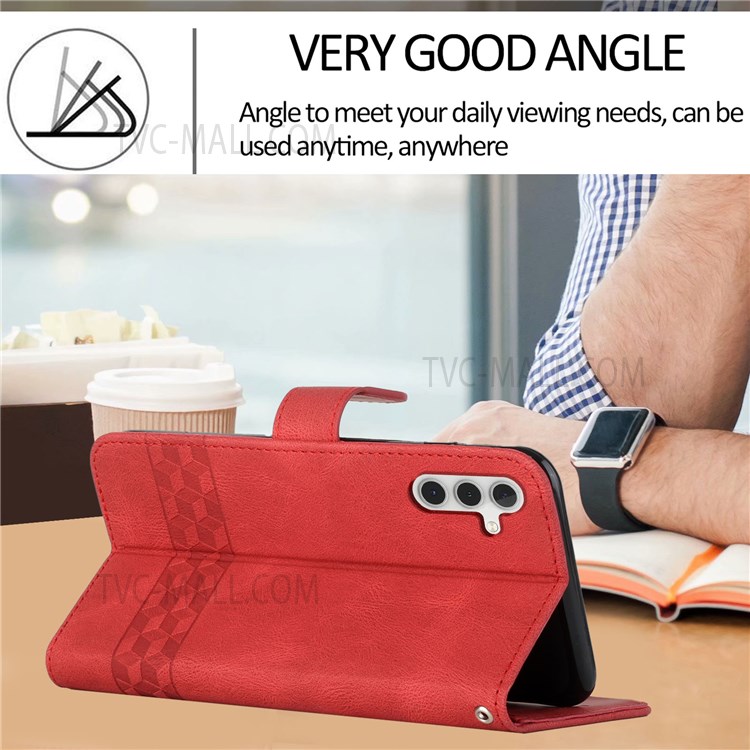 YX 0010 Flip Phone Case for Samsung Galaxy A13 5G Wallet Stand Feature Shockproof Rhombus and Lines Imprinting Skin-touch Feel Leather Phone Cover - Red-4