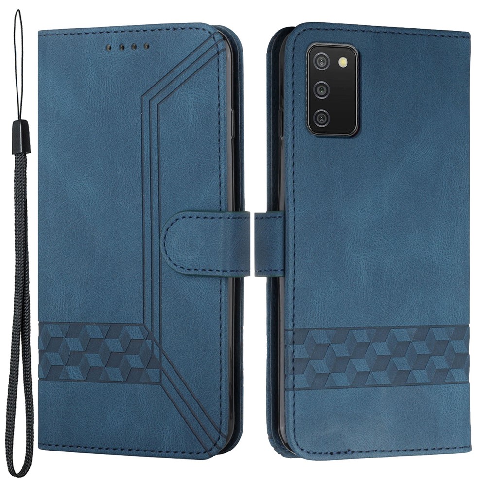 YX0010 Skin-touch Feeling Rhombus Lines Imprinting Wallet Stand Leather Case Cover with Carrying Strap for Samsung Galaxy A02s (164.2x75.9x9.1mm) - Blue-1