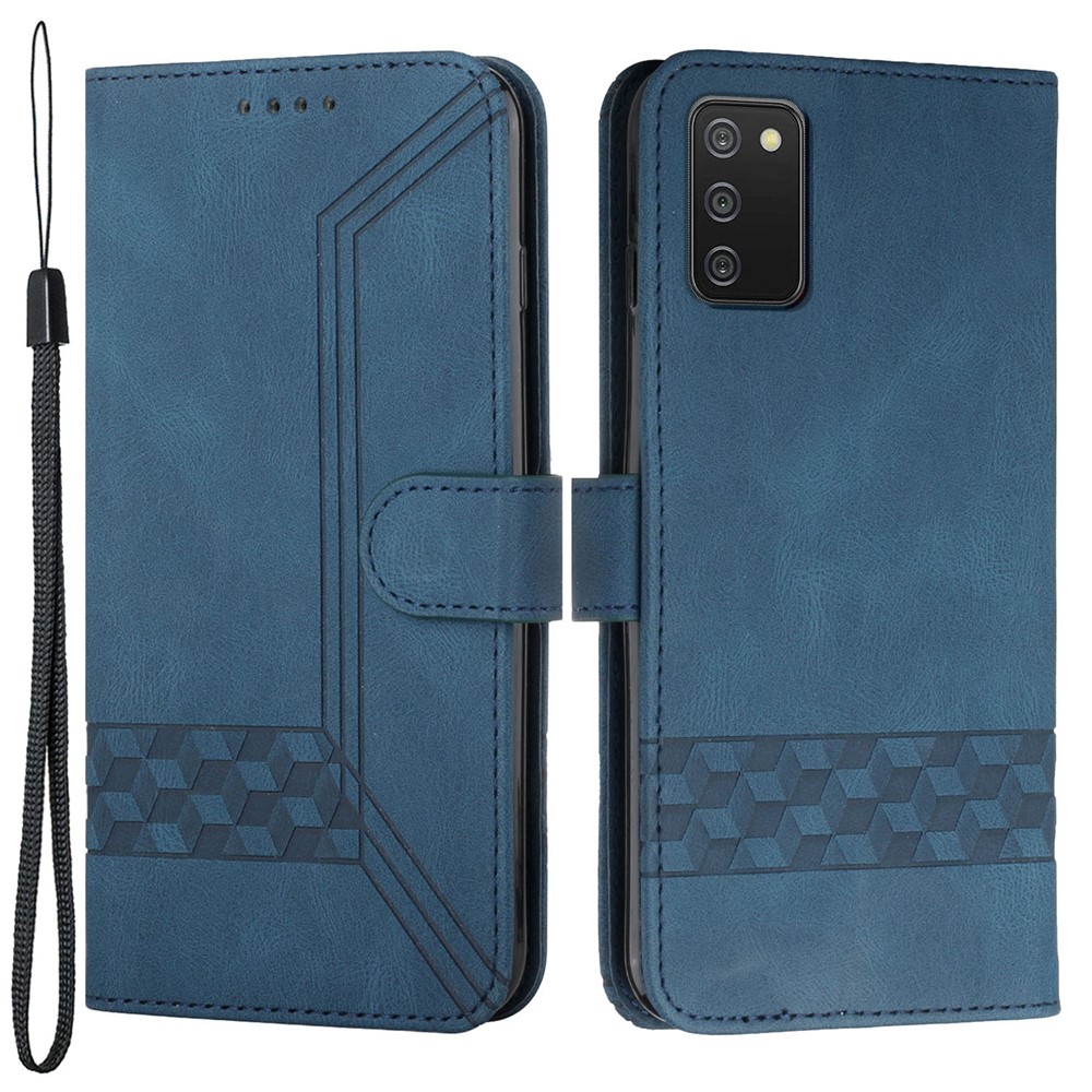 Yx0010 Sentendo la Pelle di Rombo Linee Impronta Portafoglio Cover di Pelle Con Cinghia da Trasporto Per Samsung Galaxy A02s (164.2x75.9x9.1mm) - Blu