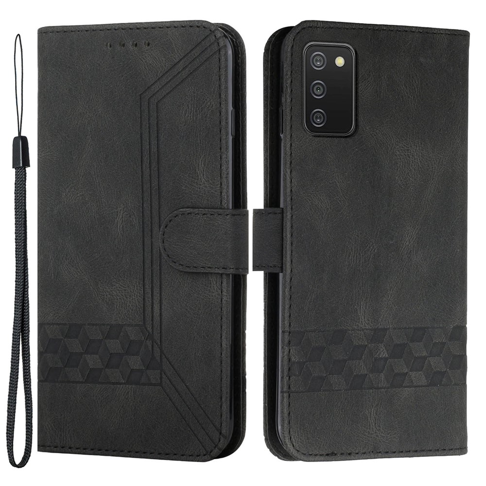 YX0010 Skin-touch Feeling Rhombus Lines Imprinting Wallet Horizontal Stand Leather Case Cover with Carrying Strap for Samsung Galaxy A02s (166.5x75.9x9.2mm) - Black-1