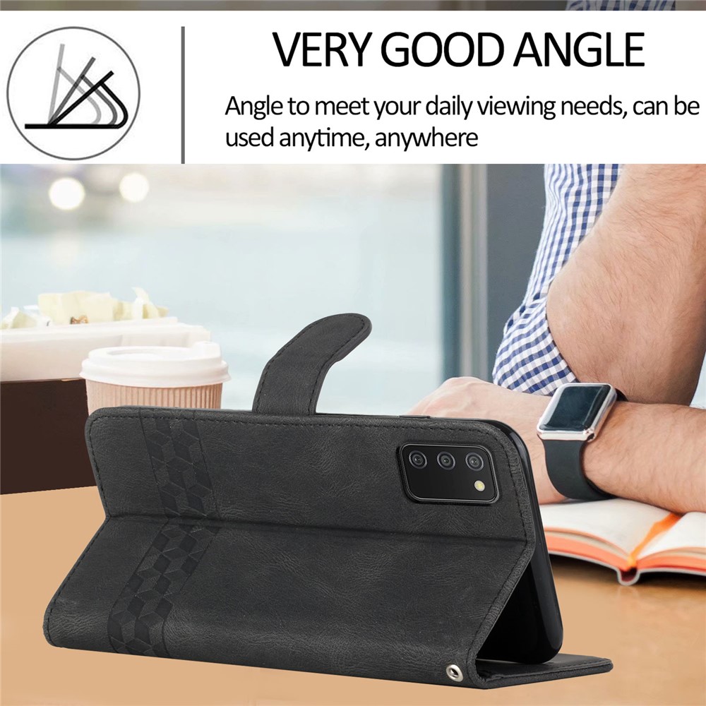 YX0010 Skin-touch Feeling Rhombus Lines Imprinting Wallet Horizontal Stand Leather Case Cover with Carrying Strap for Samsung Galaxy A02s (166.5x75.9x9.2mm) - Black-5