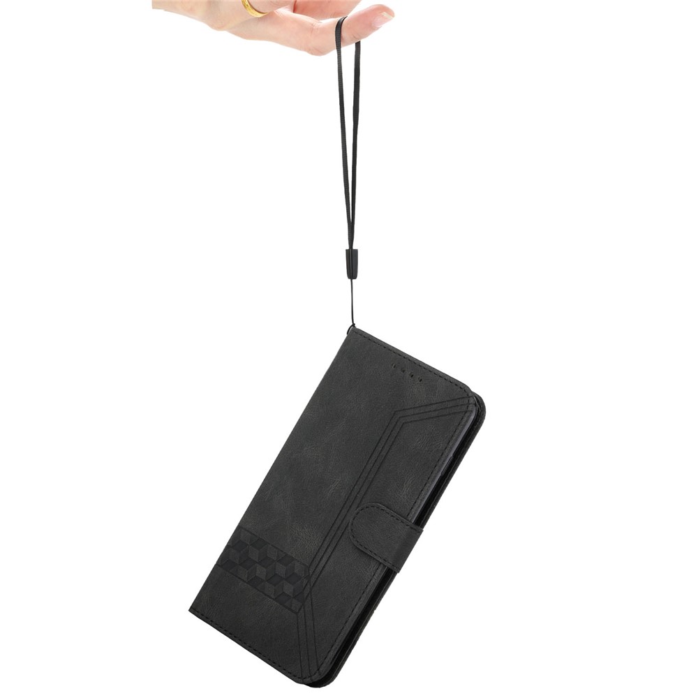 YX0010 Skin-touch Feeling Rhombus Lines Imprinting Wallet Horizontal Stand Leather Case Cover with Carrying Strap for Samsung Galaxy A02s (166.5x75.9x9.2mm) - Black-7
