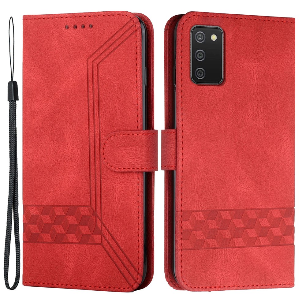 YX0010 Drop-proof Skin-touch Feeling Rhombus Lines Imprinting Wallet Stand Leather Case Cover with Carrying Strap for Samsung Galaxy A03s (166.5 x 75.98 x 9.14mm) - Red-1