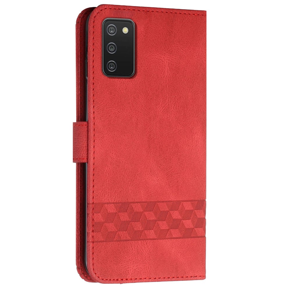 YX0010 Drop-proof Skin-touch Feeling Rhombus Lines Imprinting Wallet Stand Leather Case Cover with Carrying Strap for Samsung Galaxy A03s (166.5 x 75.98 x 9.14mm) - Red-3