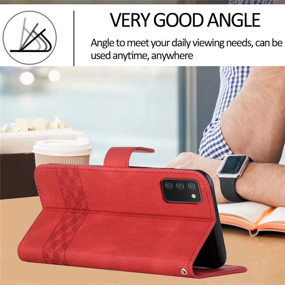 YX0010 Drop-proof Skin-touch Feeling Rhombus Lines Imprinting Wallet Stand Leather Case Cover with Carrying Strap for Samsung Galaxy A03s (166.5 x 75.98 x 9.14mm) - Red-5