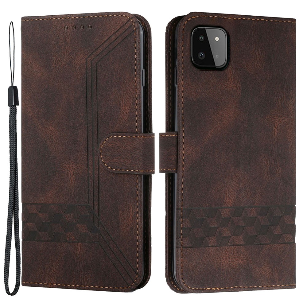 YX 0010 For Samsung Galaxy A22 5G (EU Version) Supporting Stand Wallet Feature Shockproof Rhombus and Lines Imprinting Skin-touch Feel Leather Protective Case Phone Shell - Brown-1