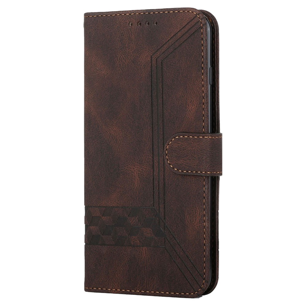 YX 0010 For Samsung Galaxy A22 5G (EU Version) Supporting Stand Wallet Feature Shockproof Rhombus and Lines Imprinting Skin-touch Feel Leather Protective Case Phone Shell - Brown-2