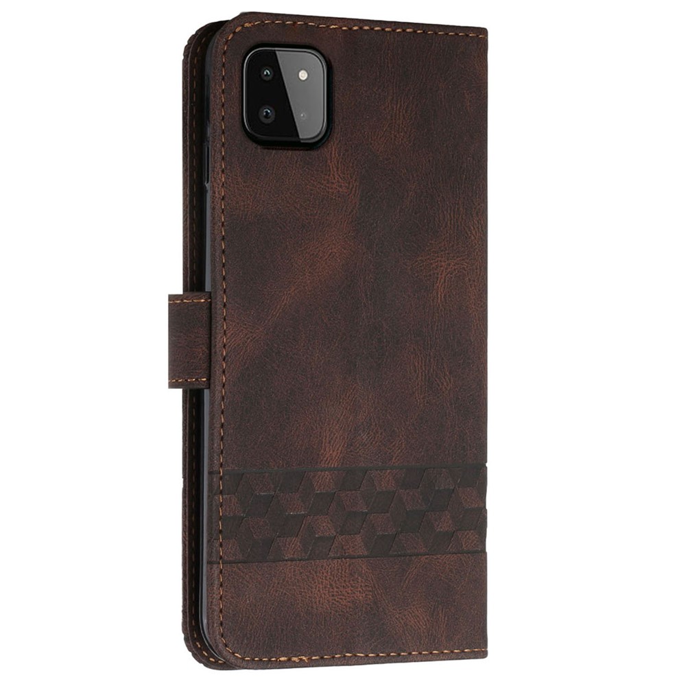 YX 0010 For Samsung Galaxy A22 5G (EU Version) Supporting Stand Wallet Feature Shockproof Rhombus and Lines Imprinting Skin-touch Feel Leather Protective Case Phone Shell - Brown-3