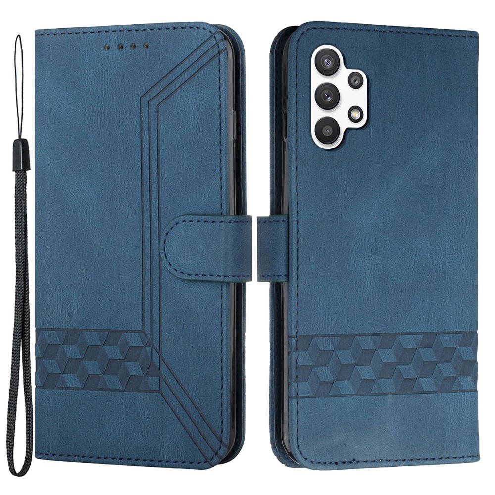 YX 0010 Lightweight Wallet Stand Feature Shockproof Rhombus and Lines Imprinting Skin-touch Feel Leather Case Phone Cover for Samsung Galaxy A32 5G - Blue-1