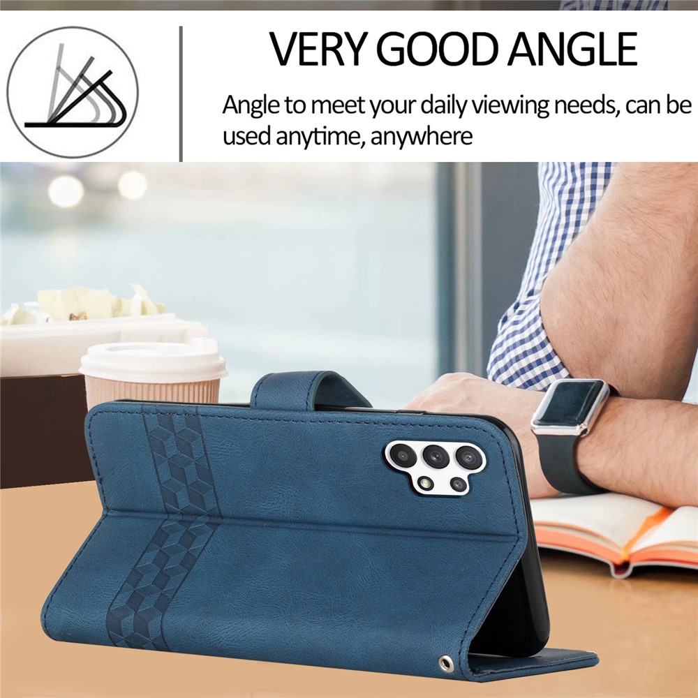 YX 0010 Lightweight Wallet Stand Feature Shockproof Rhombus and Lines Imprinting Skin-touch Feel Leather Case Phone Cover for Samsung Galaxy A32 5G - Blue-5