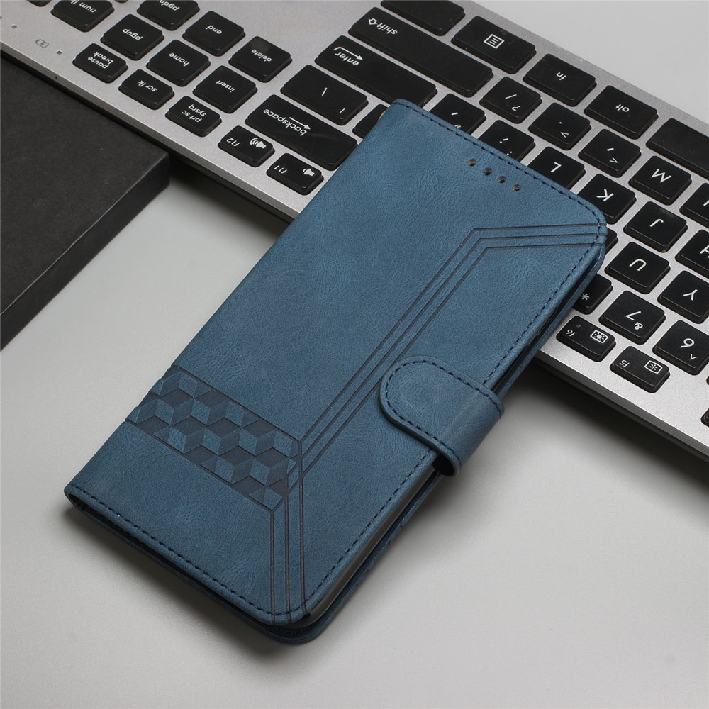 YX 0010 Lightweight Wallet Stand Feature Shockproof Rhombus and Lines Imprinting Skin-touch Feel Leather Case Phone Cover for Samsung Galaxy A32 5G - Blue-9