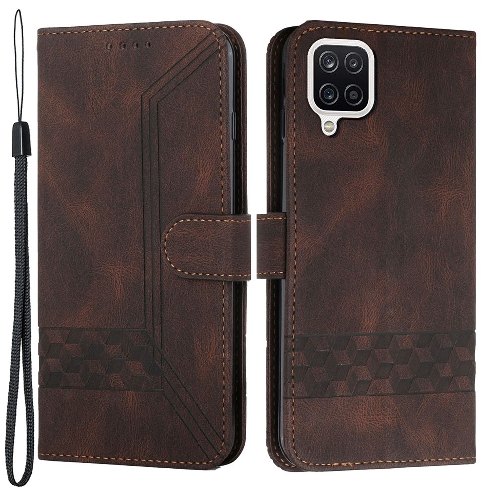 YX 0010 Imprinted Rhombus and Lines Flip Phone Case Skin-touch Feel Leather Phone Cover for Samsung Galaxy A12 - Brown-1
