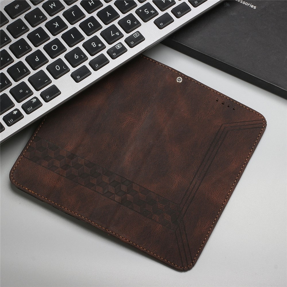 YX 0010 Imprinted Rhombus and Lines Flip Phone Case Skin-touch Feel Leather Phone Cover for Samsung Galaxy A12 - Brown-10