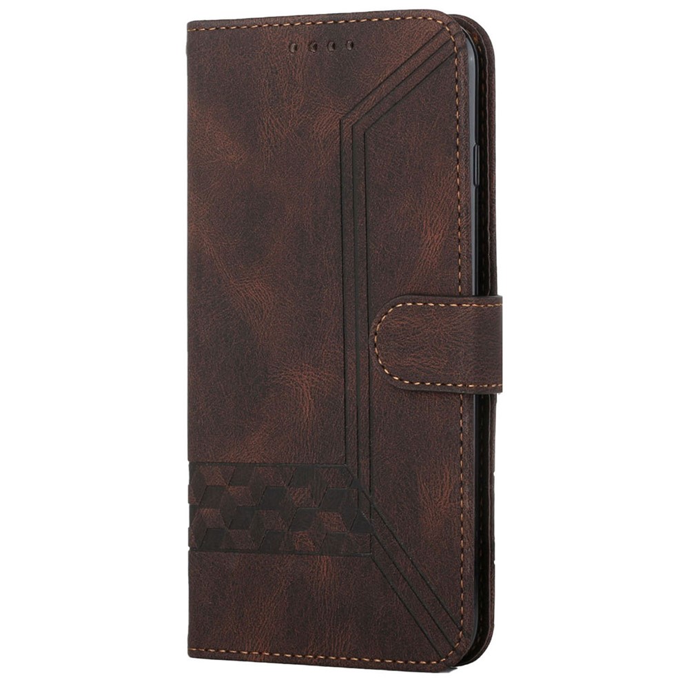 YX 0010 Imprinted Rhombus and Lines Flip Phone Case Skin-touch Feel Leather Phone Cover for Samsung Galaxy A12 - Brown-2