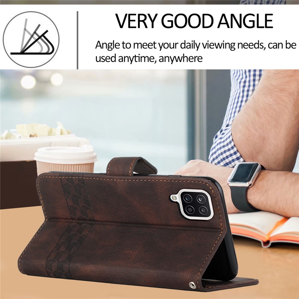 YX 0010 Imprinted Rhombus and Lines Flip Phone Case Skin-touch Feel Leather Phone Cover for Samsung Galaxy A12 - Brown-5