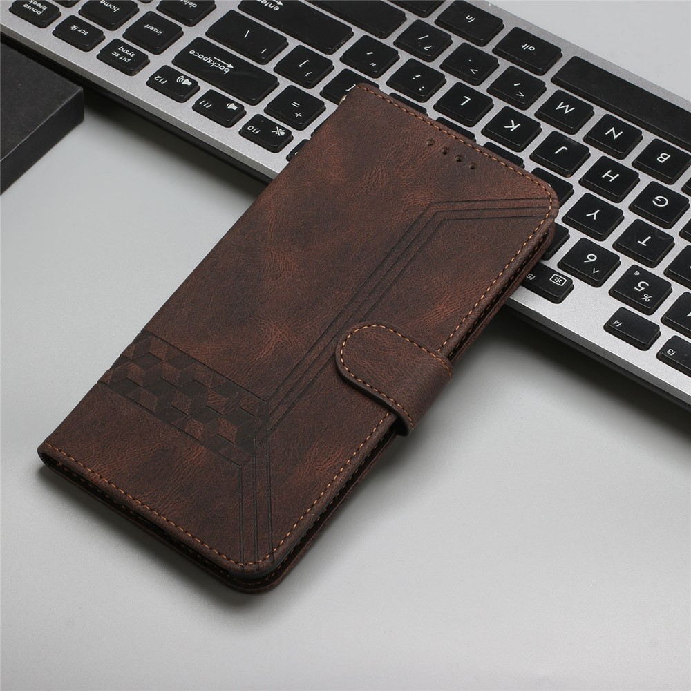 YX 0010 Imprinted Rhombus and Lines Flip Phone Case Skin-touch Feel Leather Phone Cover for Samsung Galaxy A12 - Brown-9