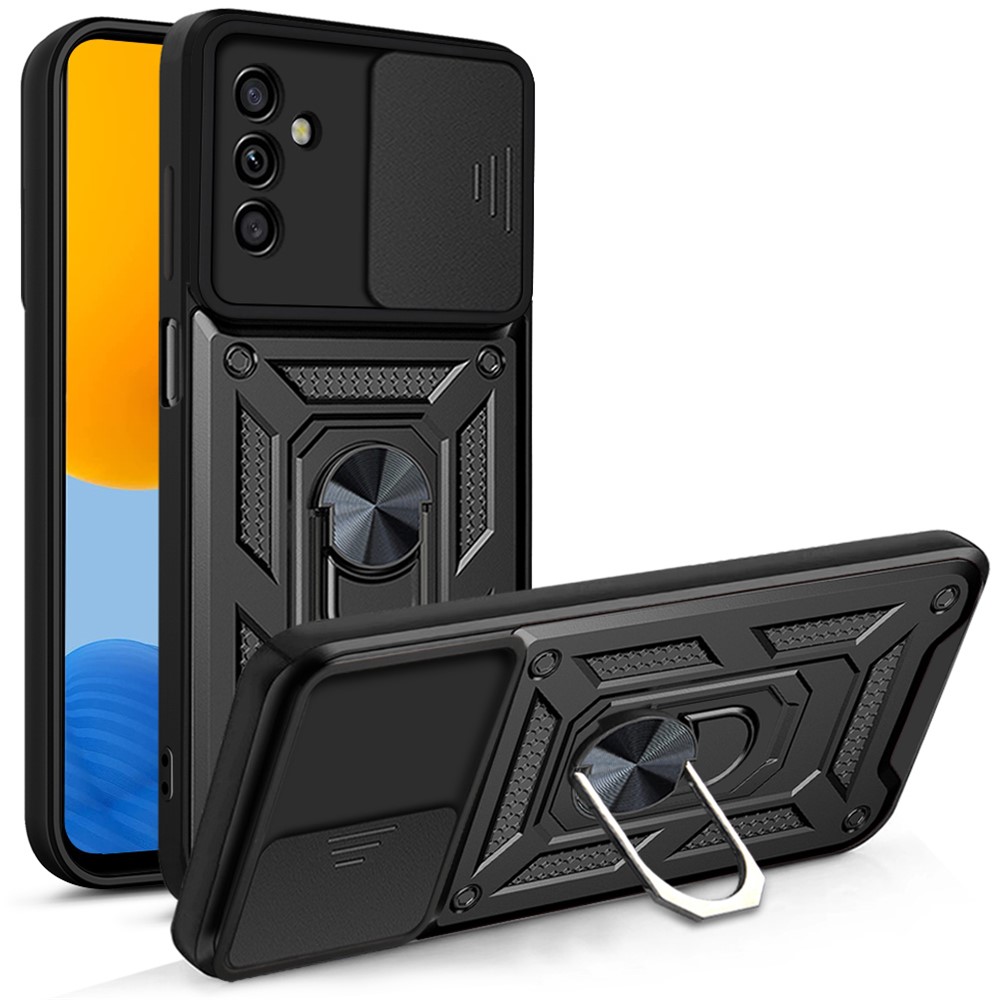 Well-protected Drop-proof Camera Slide Cover Ring Holder Kickstand Design PC + TPU Phone Cover Case for Samsung Galaxy M52 5G - Black-1