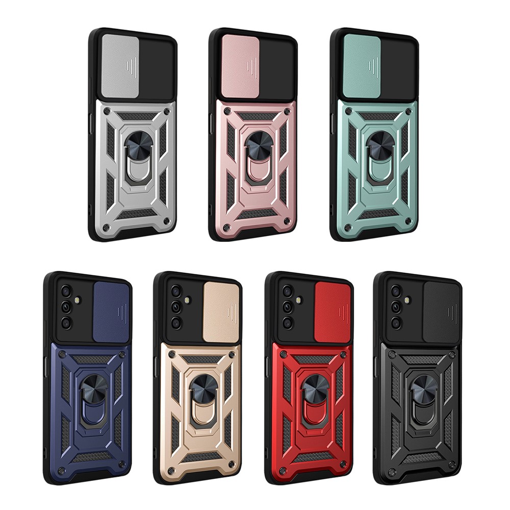 Well-protected Drop-proof Camera Slide Cover Ring Holder Kickstand Design PC + TPU Phone Cover Case for Samsung Galaxy M52 5G - Black-10
