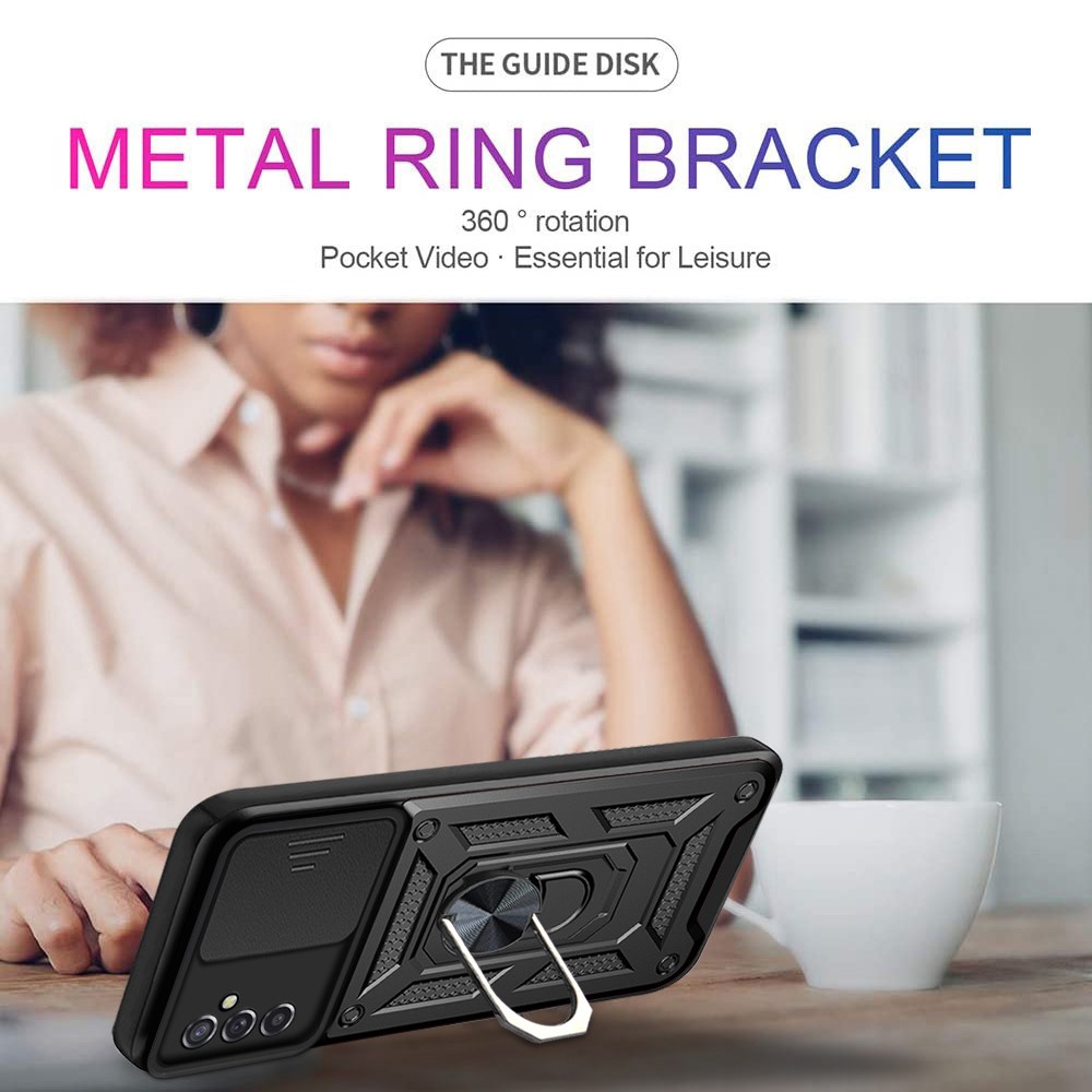 Well-protected Drop-proof Camera Slide Cover Ring Holder Kickstand Design PC + TPU Phone Cover Case for Samsung Galaxy M52 5G - Black-2