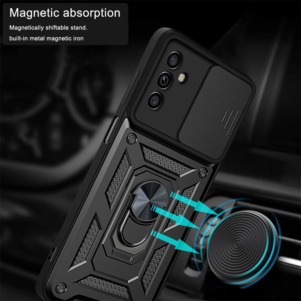 Well-protected Drop-proof Camera Slide Cover Ring Holder Kickstand Design PC + TPU Phone Cover Case for Samsung Galaxy M52 5G - Black-3