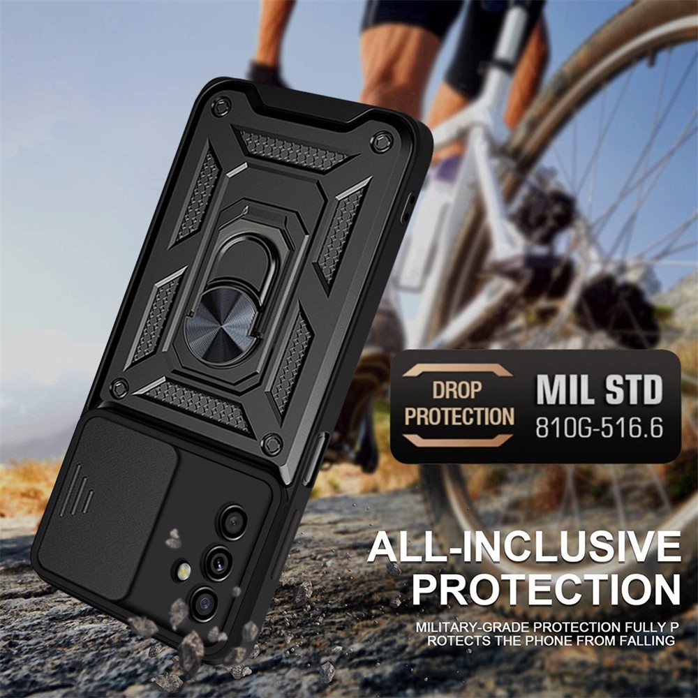 Well-protected Drop-proof Camera Slide Cover Ring Holder Kickstand Design PC + TPU Phone Cover Case for Samsung Galaxy M52 5G - Black-4