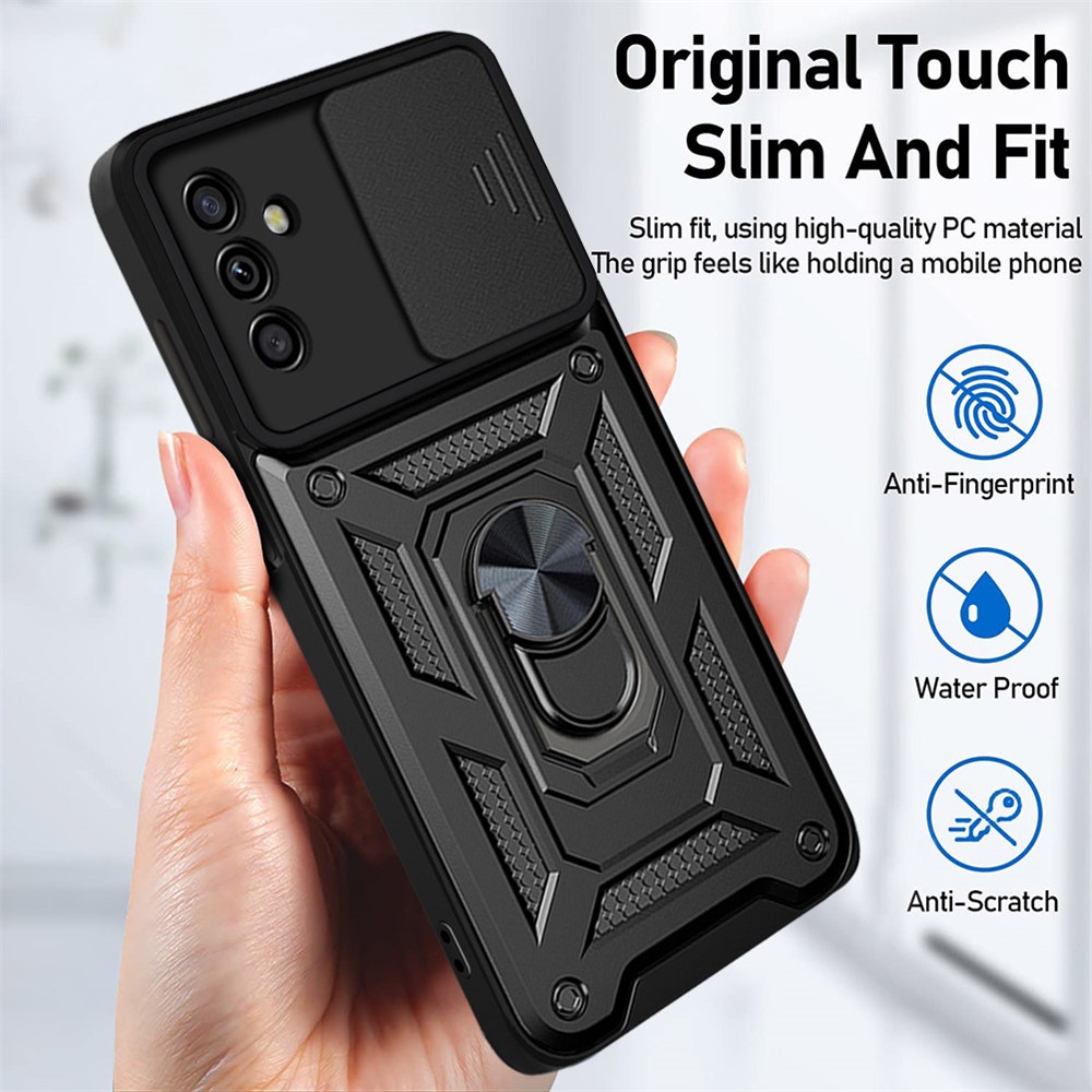 Well-protected Drop-proof Camera Slide Cover Ring Holder Kickstand Design PC + TPU Phone Cover Case for Samsung Galaxy M52 5G - Black-6