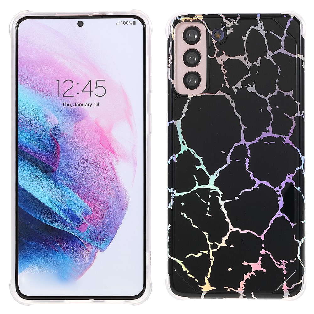 For Samsung Galaxy S21 5G Thickened Four Corner Case Anti-fall Marble IMD Laser TPU+PC Cover Shell - CF1 Black-1