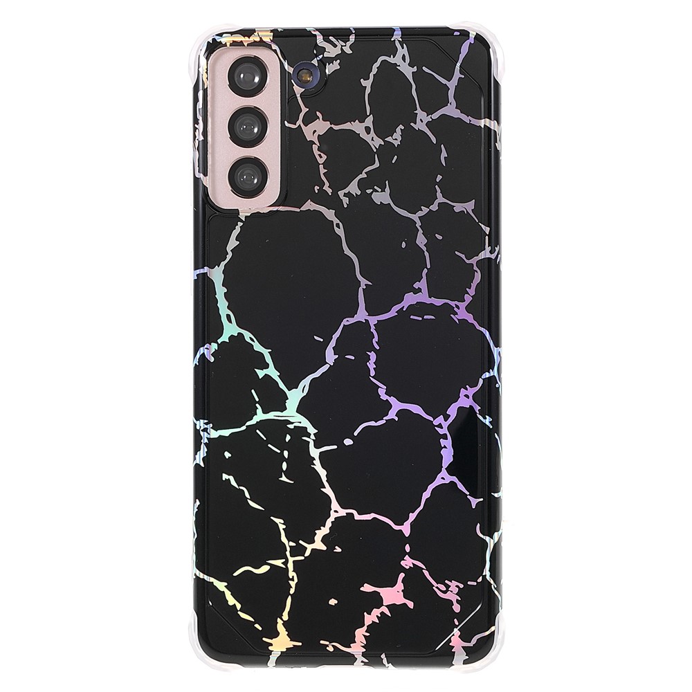 For Samsung Galaxy S21 5G Thickened Four Corner Case Anti-fall Marble IMD Laser TPU+PC Cover Shell - CF1 Black-2