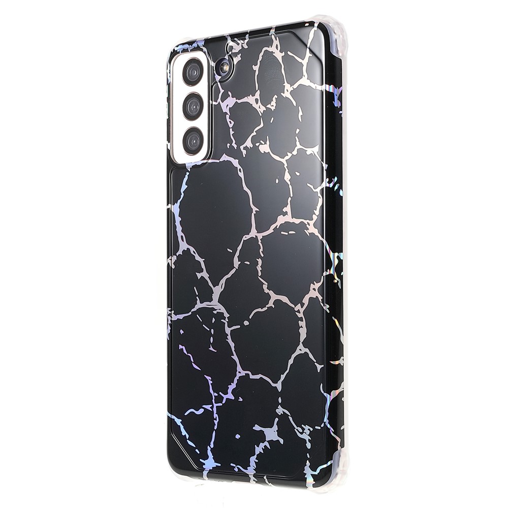 For Samsung Galaxy S21 5G Thickened Four Corner Case Anti-fall Marble IMD Laser TPU+PC Cover Shell - CF1 Black-3