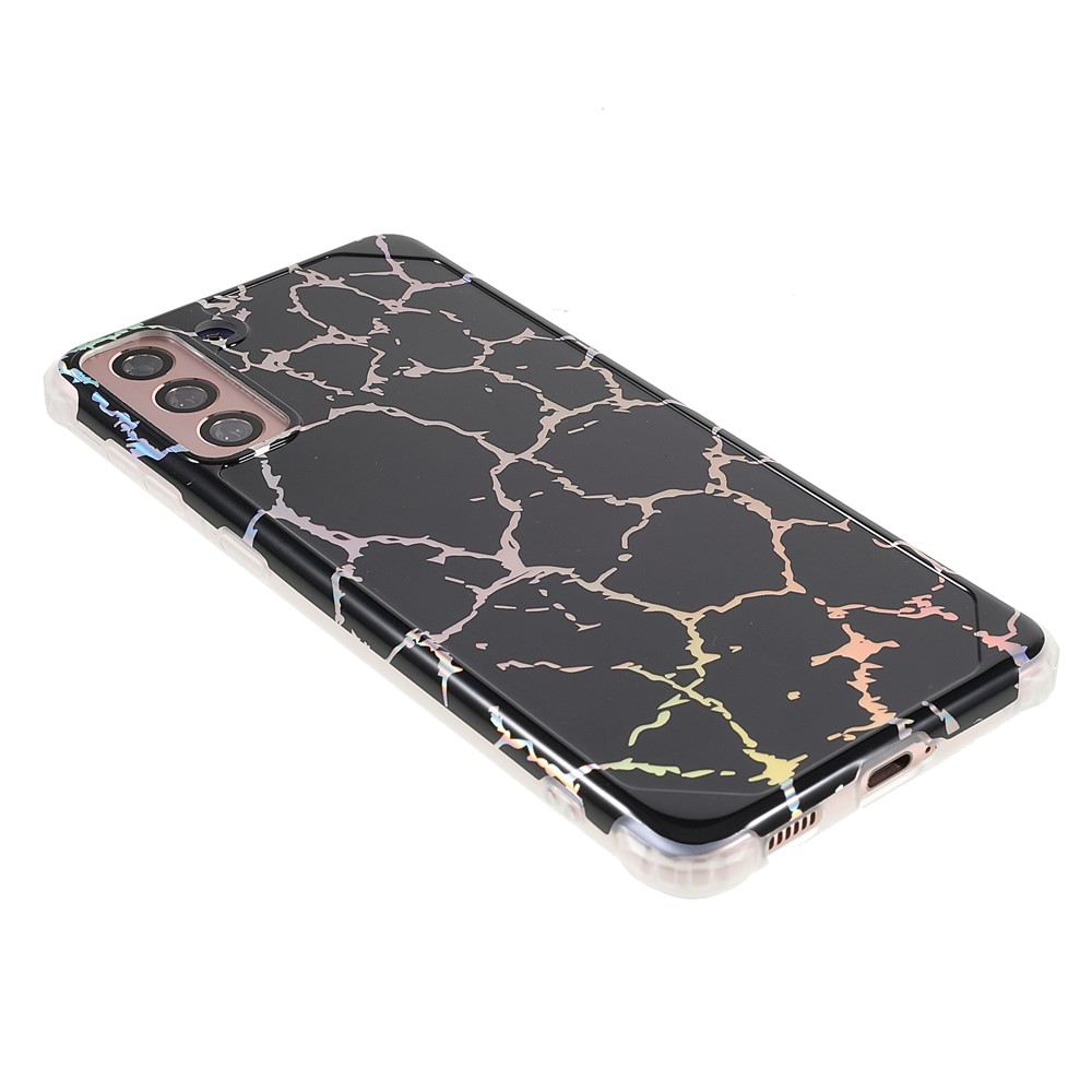 For Samsung Galaxy S21 5G Thickened Four Corner Case Anti-fall Marble IMD Laser TPU+PC Cover Shell - CF1 Black-4