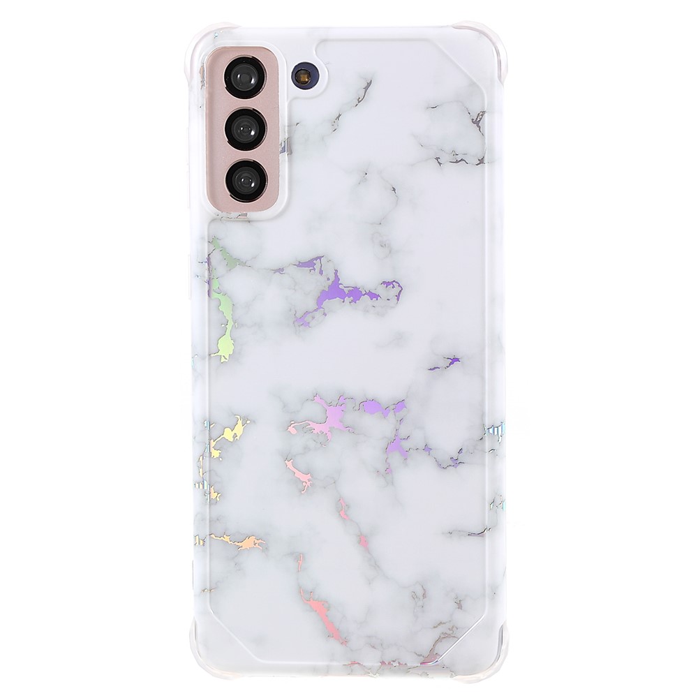 For Samsung Galaxy S21 5G Thickened Four Corner Case Anti-fall Marble IMD Laser TPU+PC Cover Shell - CF2 White-2