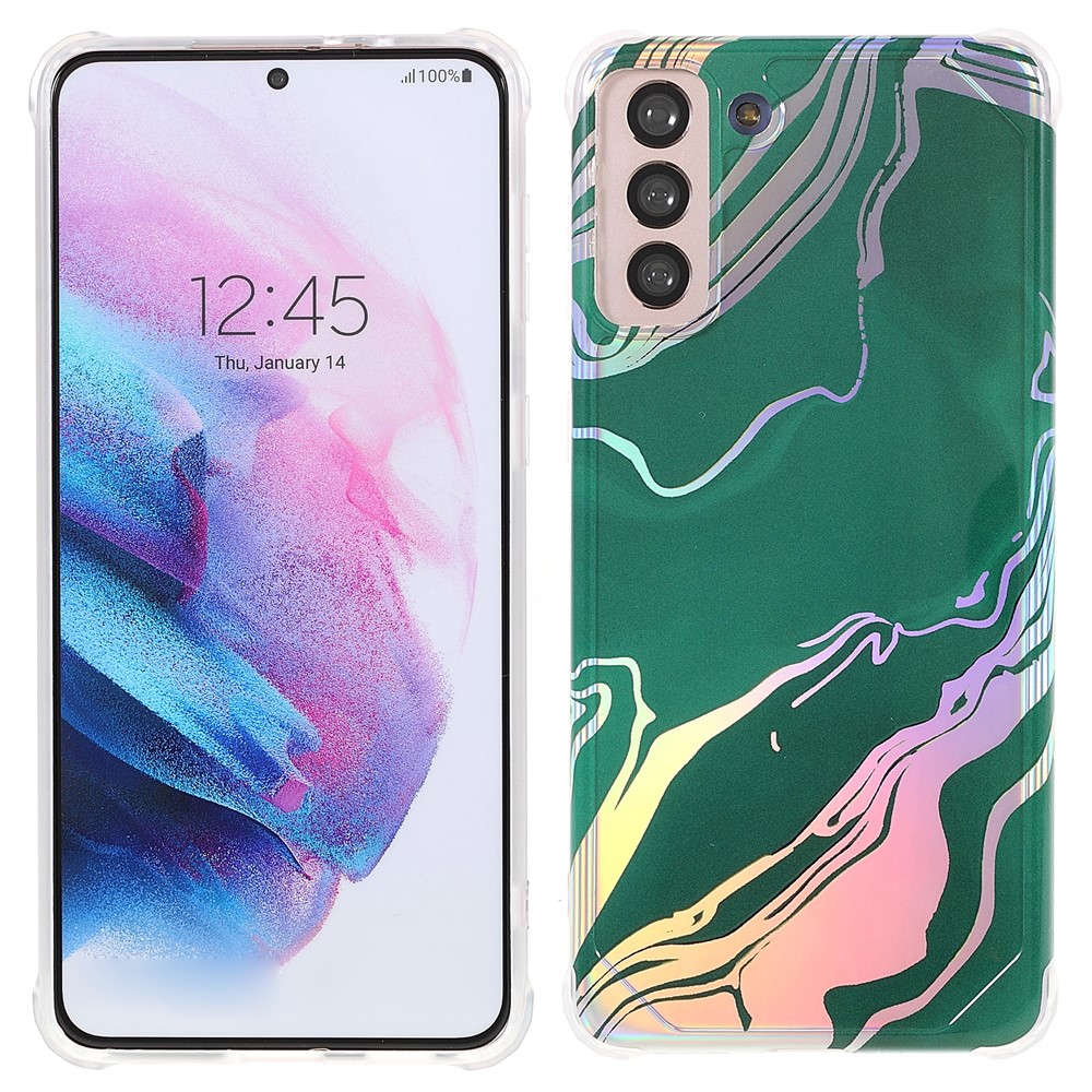 Lightweight Shockproof Marble IMD Laser Thickened Four Corner TPU+PC Case Cover for Samsung Galaxy S21+ 5G - CF6 Green-1
