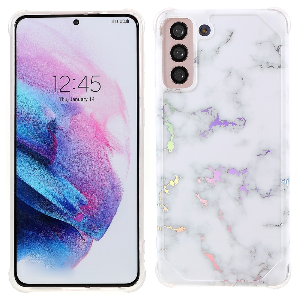 Lightweight Shockproof Marble IMD Laser Thickened Four Corner TPU+PC Case Cover for Samsung Galaxy S21+ 5G - CF2 White-1