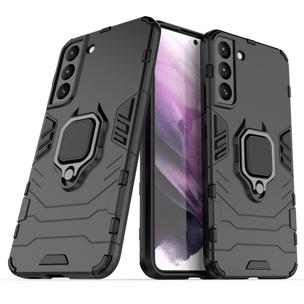 Ring Holder Kickstand Soft TPU Hard PC Scratch-Resistant Protective Back Cover for Samsung Galaxy S22 - Black-1