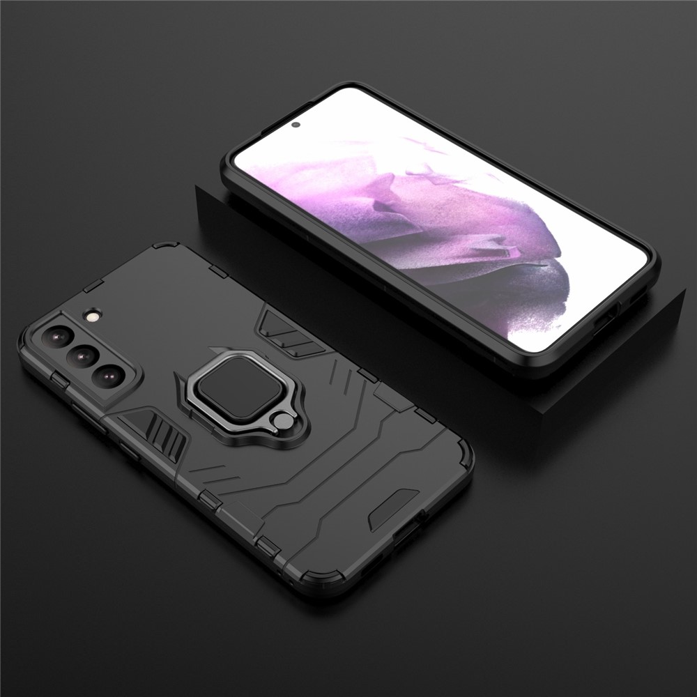 Ring Holder Kickstand Soft TPU Hard PC Scratch-Resistant Protective Back Cover for Samsung Galaxy S22 - Black-8
