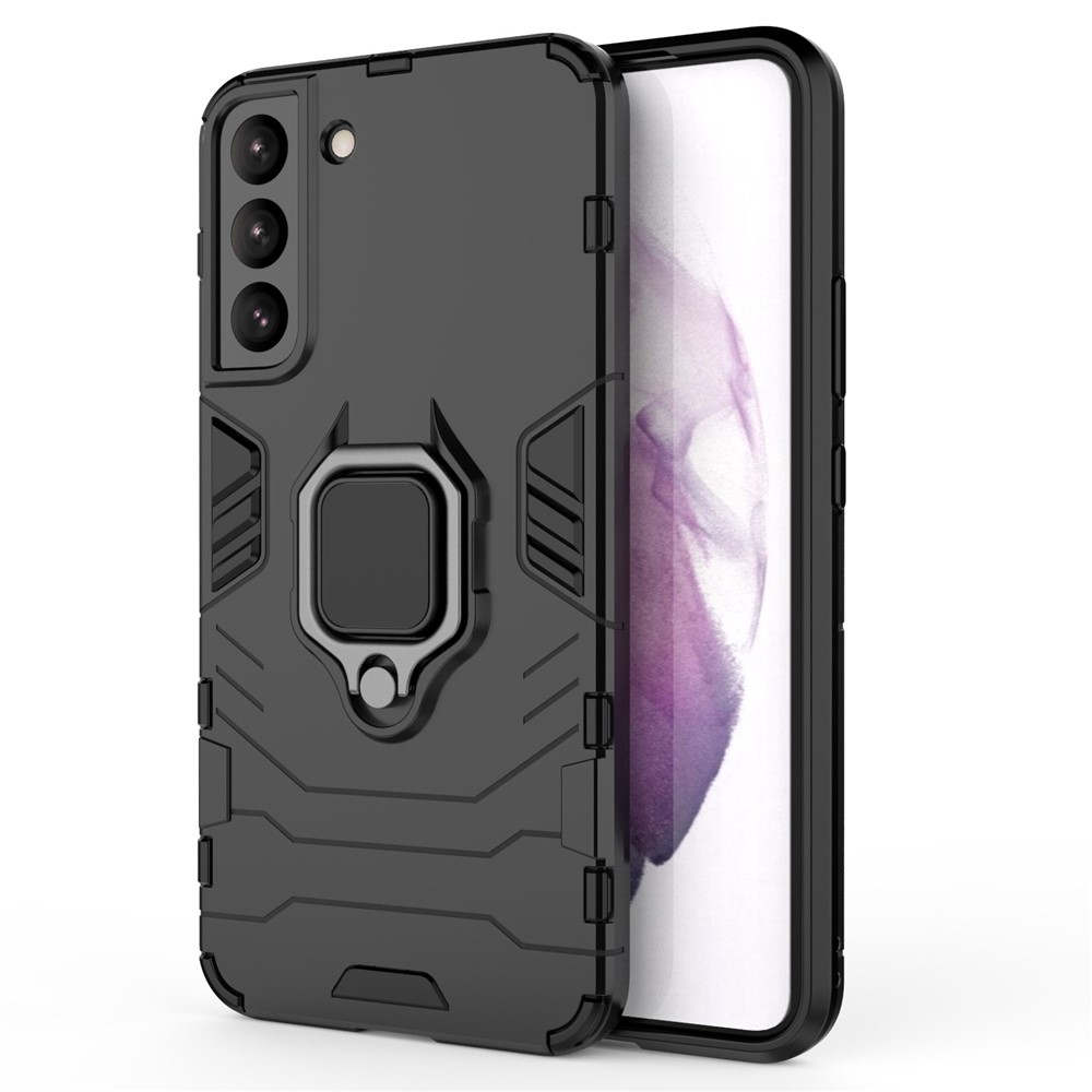 Dual Layer Soft Flexible TPU Hard PC Shockproof Protective Case with Ring Holder Kickstand for Samsung Galaxy S22 Plus - Black-2