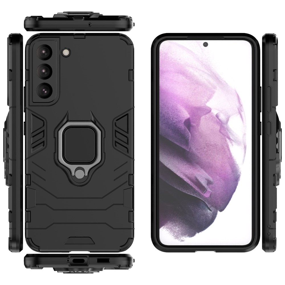 Dual Layer Soft Flexible TPU Hard PC Shockproof Protective Case with Ring Holder Kickstand for Samsung Galaxy S22 Plus - Black-9