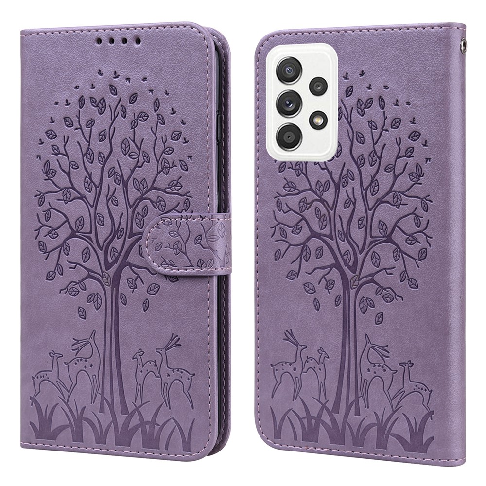 Stylish Deer Tree Pattern Imprint Full-Protection PU Leather Wallet Stand Phone Shell Case for Samsung Galaxy A53 5G - Purple-1