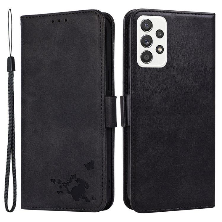 Cat Butterfly Imprinting PU Leather Wallet Stand Phone Protective Case Flip Cover with Lanyard for Samsung Galaxy A33 5G - Black-1