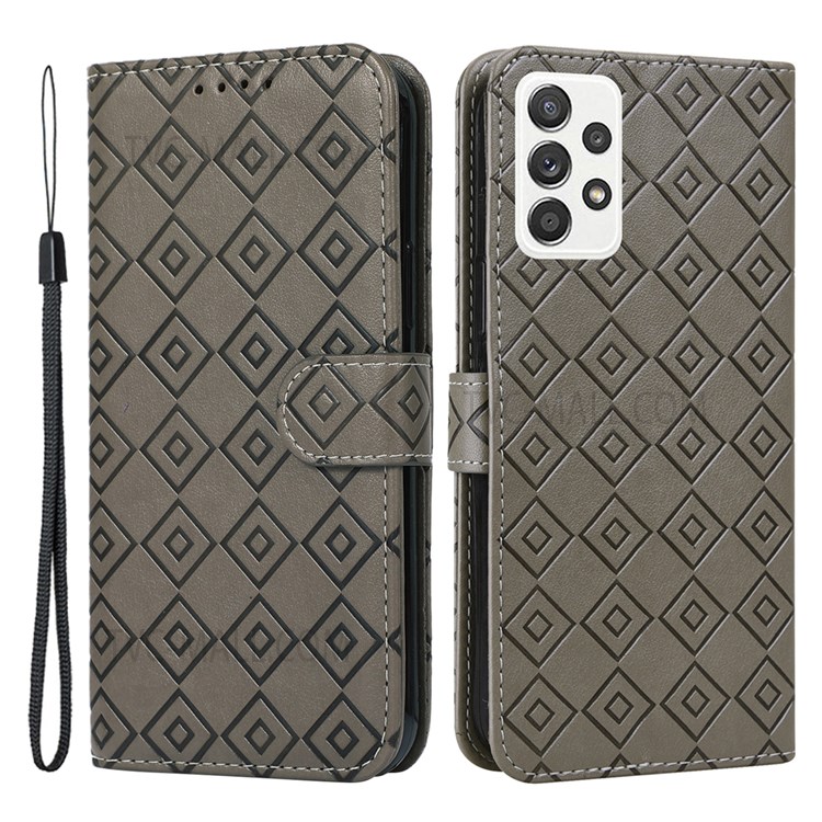 PU Leather Flip Wallet Case Grid Pattern Imprinted Full Body Protection Stand Cover with Strap for Samsung Galaxy A53 5G - Grey-1