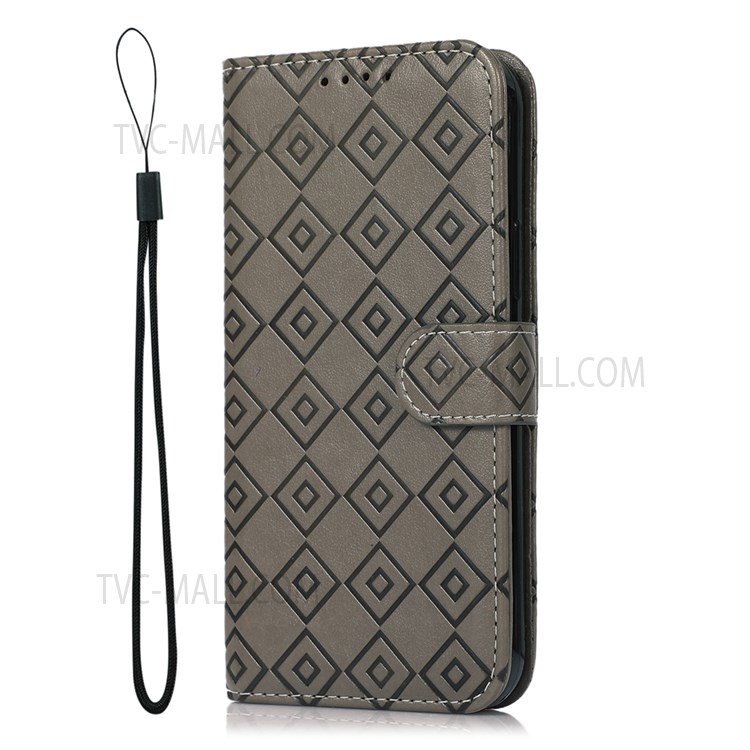 PU Leather Flip Wallet Case Grid Pattern Imprinted Full Body Protection Stand Cover with Strap for Samsung Galaxy A53 5G - Grey-2