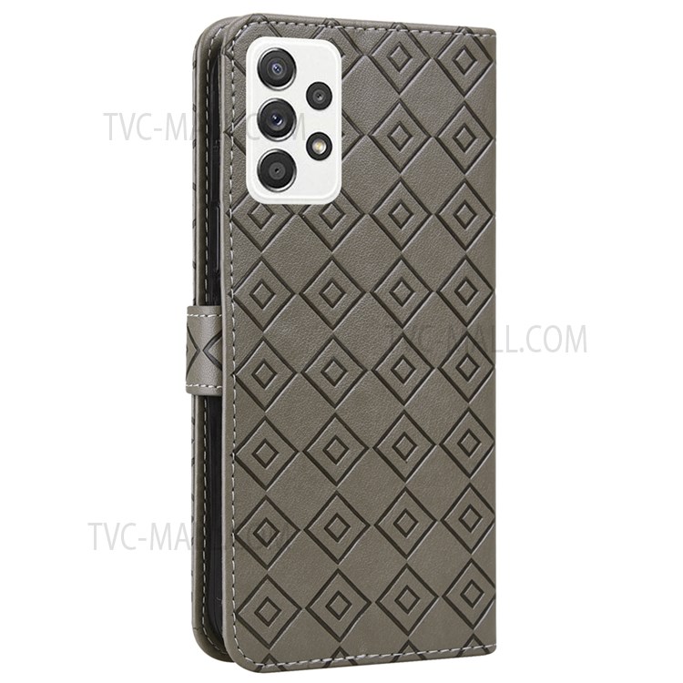 PU Leather Flip Wallet Case Grid Pattern Imprinted Full Body Protection Stand Cover with Strap for Samsung Galaxy A53 5G - Grey-3